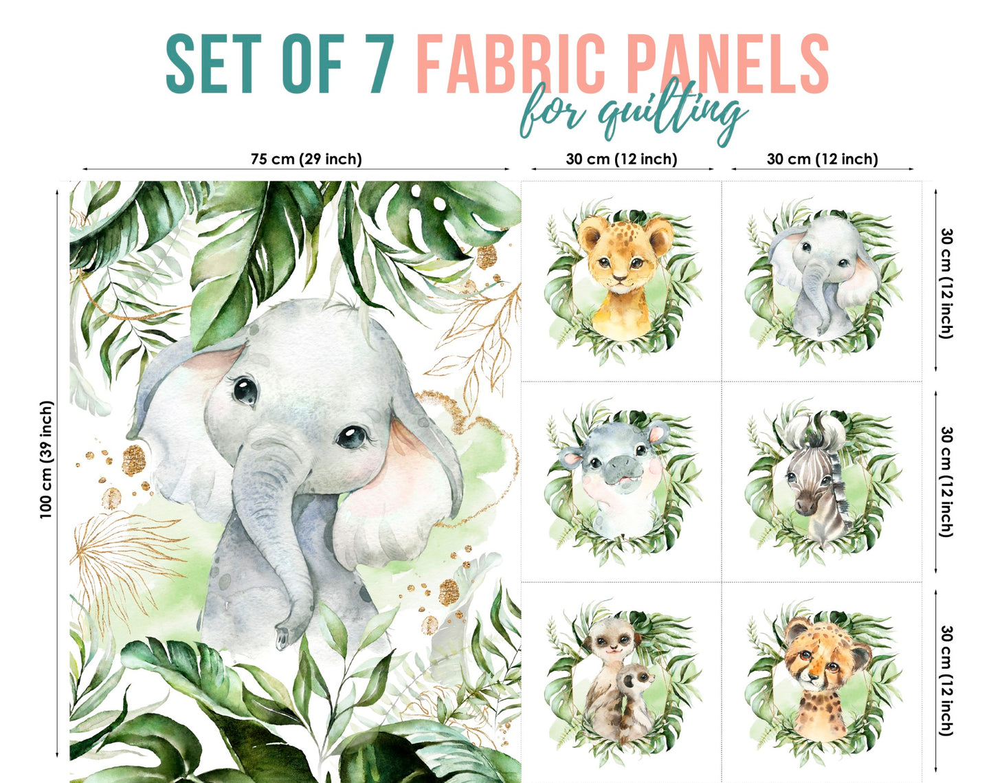 A set of 7 fabric panels featuring a printed elephant design with green and brown tones, intended for quilting and crafting.