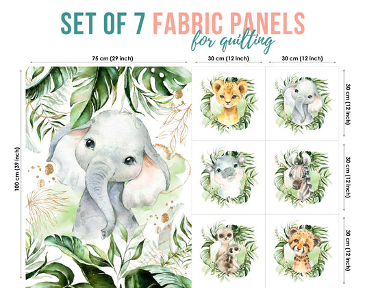 A set of 7 fabric panels featuring a printed elephant design with green and brown tones, intended for quilting and crafting.