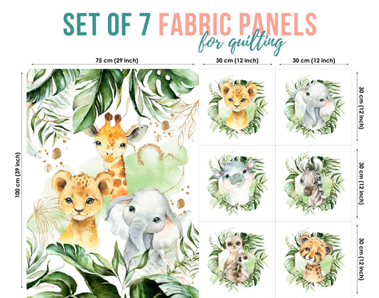 A set of 7 fabric panels featuring colorful jungle animals like giraffes, elephants, lions, and monkeys on a green background, indicating a theme of 'Jungle Safari'.