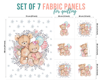 A set of 7 fabric panels featuring various bear-themed designs, intended for quilting and crafts.