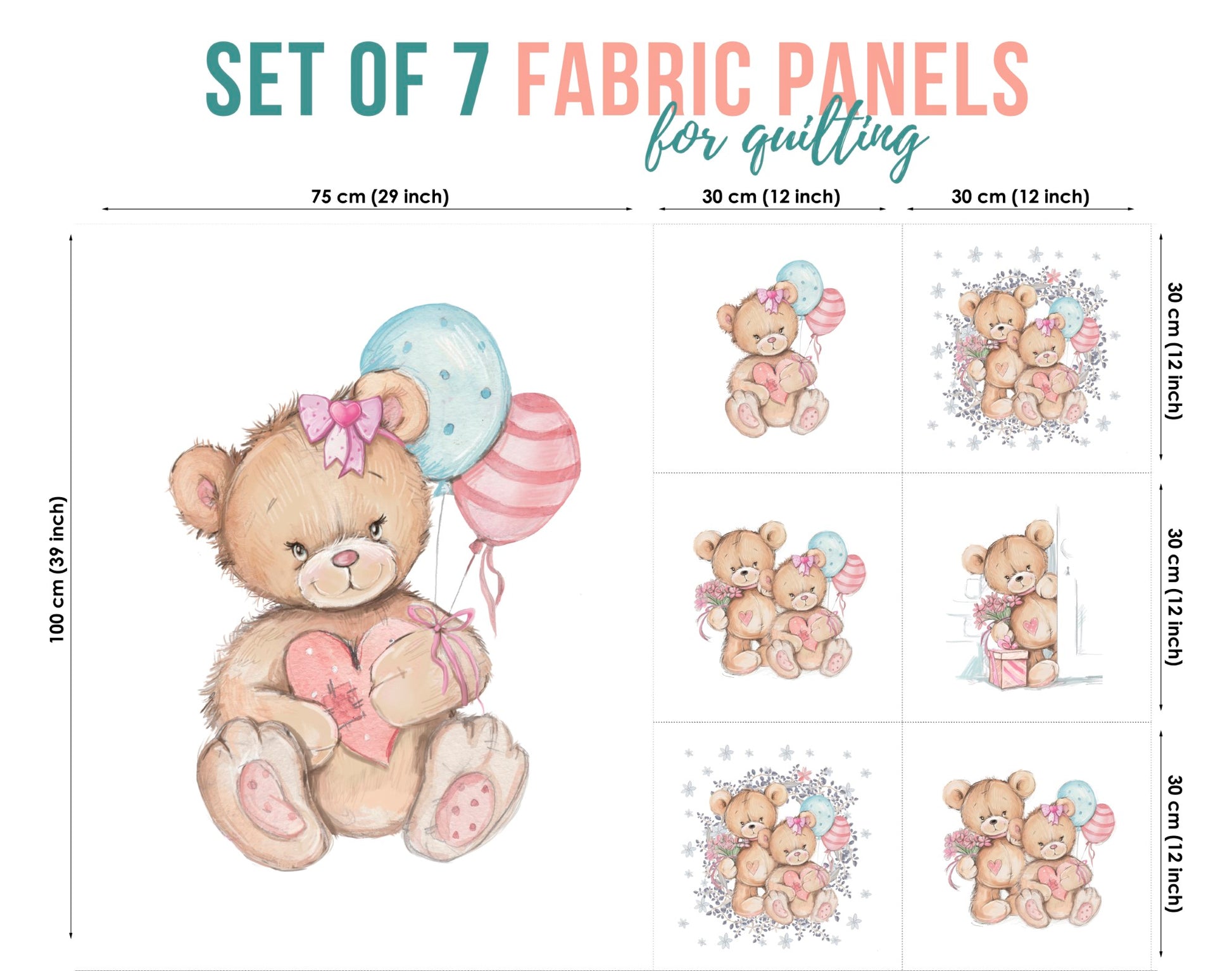 Set of 7 fabric panels featuring various illustrations of bears holding balloons, intended for quilting and crafting purposes.