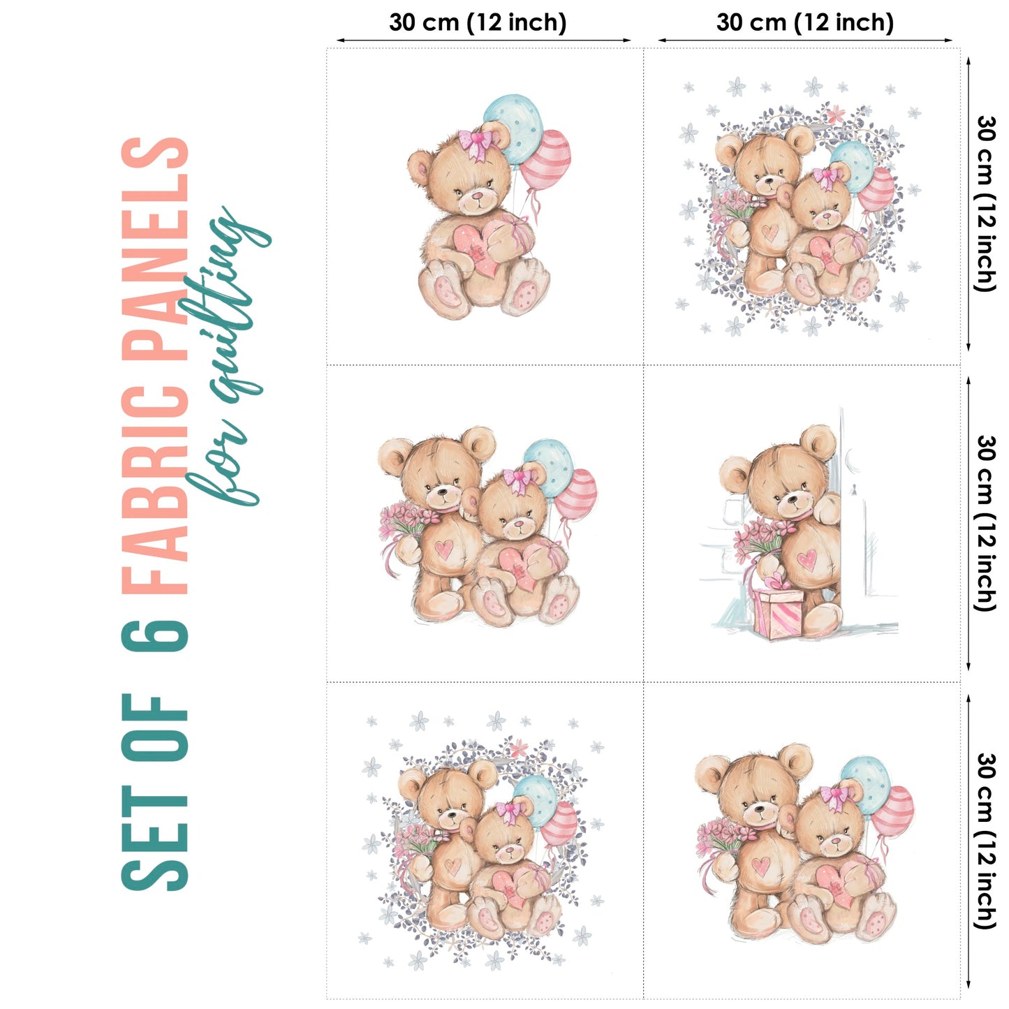 Set of 6 fabric panels featuring cartoon-style bear faces on a white background, each with a gift-wrapping motif and text indicating the product is for quilting and sewing.