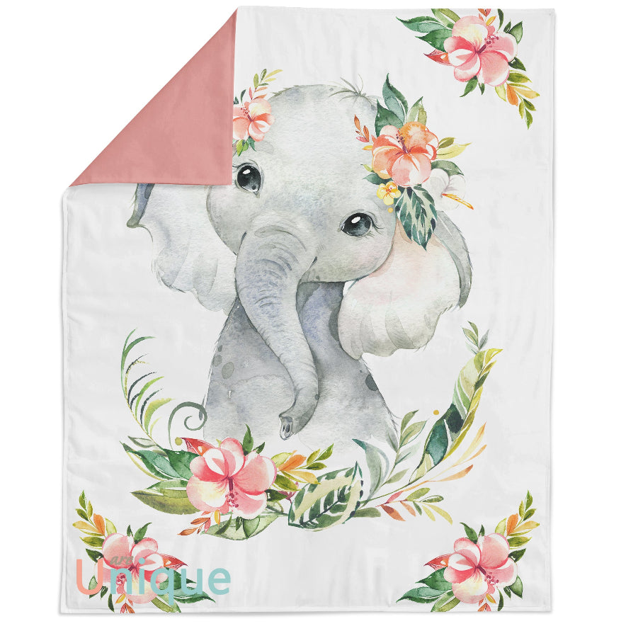 A fabric panel featuring a cute elephant design with a floral pattern in pink and green tones.