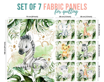 A set of 7 fabric panels with a jungle safari theme, featuring illustrations of an animal giraffe, lion, zebra, and a bear in forest-like settings.