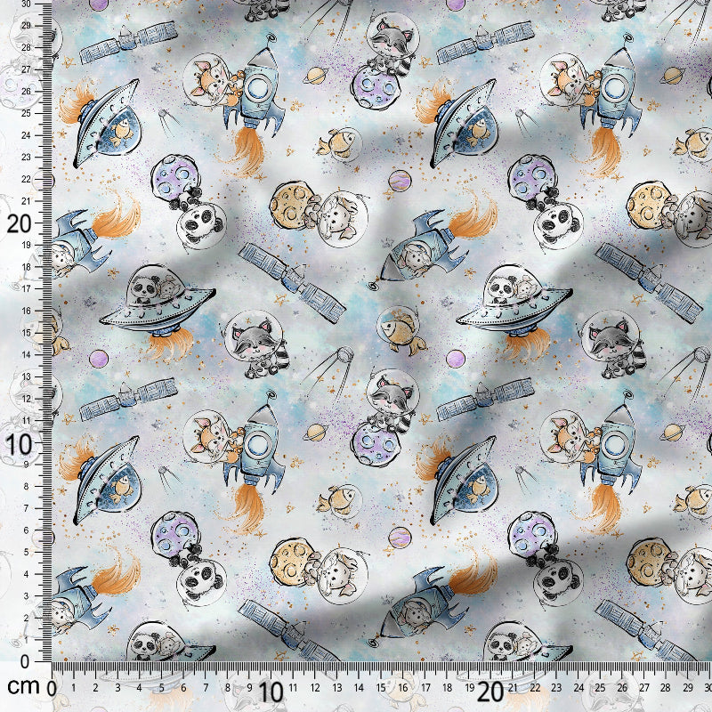 Fabric with space-themed pattern featuring astronauts, rockets, and planets on a light blue background.