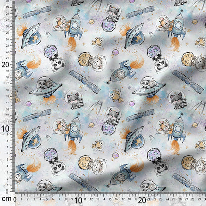 Fabric with space-themed pattern featuring astronauts, rockets, and planets on a light blue background.