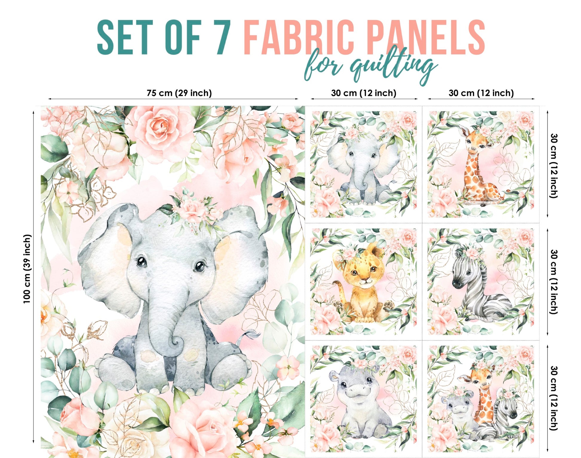 A set of 7 fabric panels with a jungle safari theme, featuring prints of an elephant, giraffe, lion, monkey, and other animals amidst green foliage.