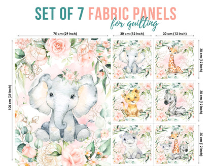 A set of 7 fabric panels with a jungle safari theme, featuring prints of an elephant, giraffe, lion, monkey, and other animals amidst green foliage.