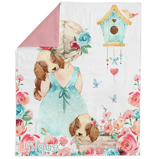 A fabric panel featuring an illustration of a girl holding a dog, with a floral background and a birdhouse, intended for quilting and sewing projects.