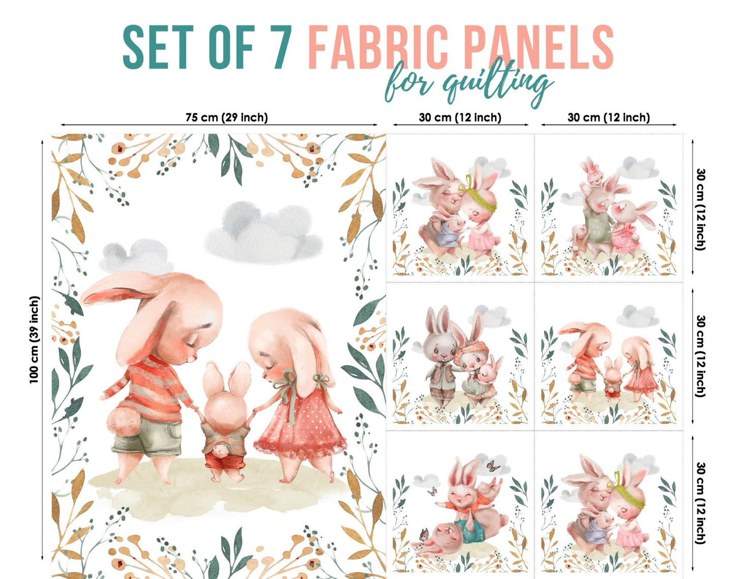 Bunny Family Fabric Panels for Quilting