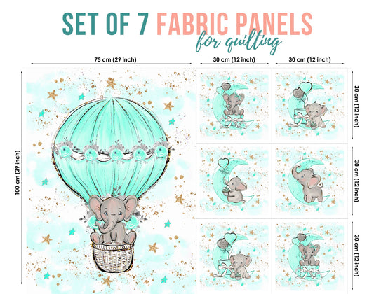 A set of 7 fabric panels featuring mint   elephant and balloon designs, and various sizes indicated for quilting or crafting.