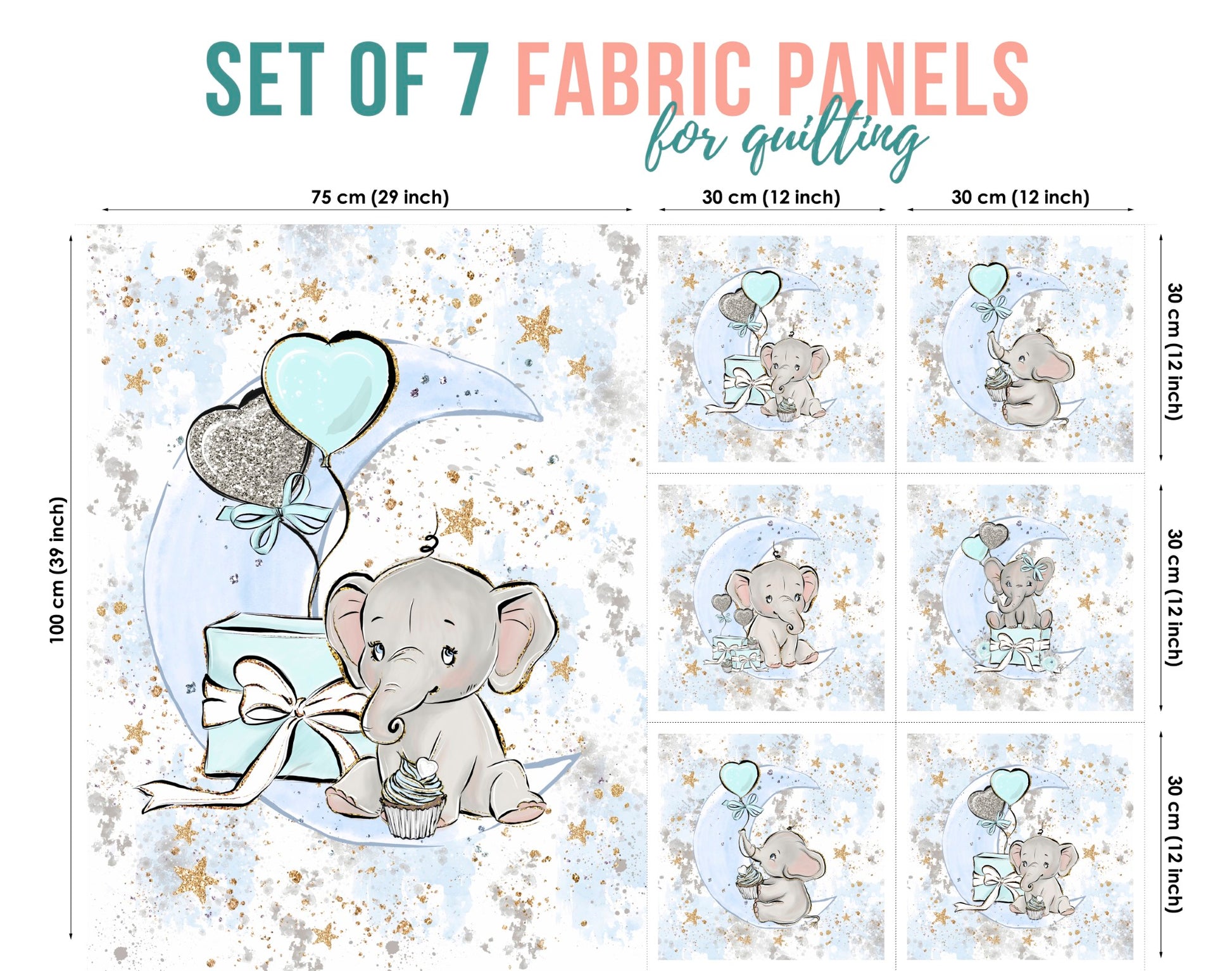 A set of 7 fabric panels featuring blue   elephant and balloon designs, and various sizes indicated for quilting or crafting.