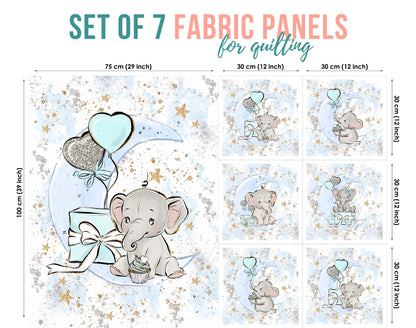 A set of 7 fabric panels featuring blue   elephant and balloon designs, and various sizes indicated for quilting or crafting.