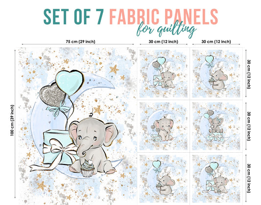 A set of 7 fabric panels featuring blue   elephant and balloon designs, and various sizes indicated for quilting or crafting.