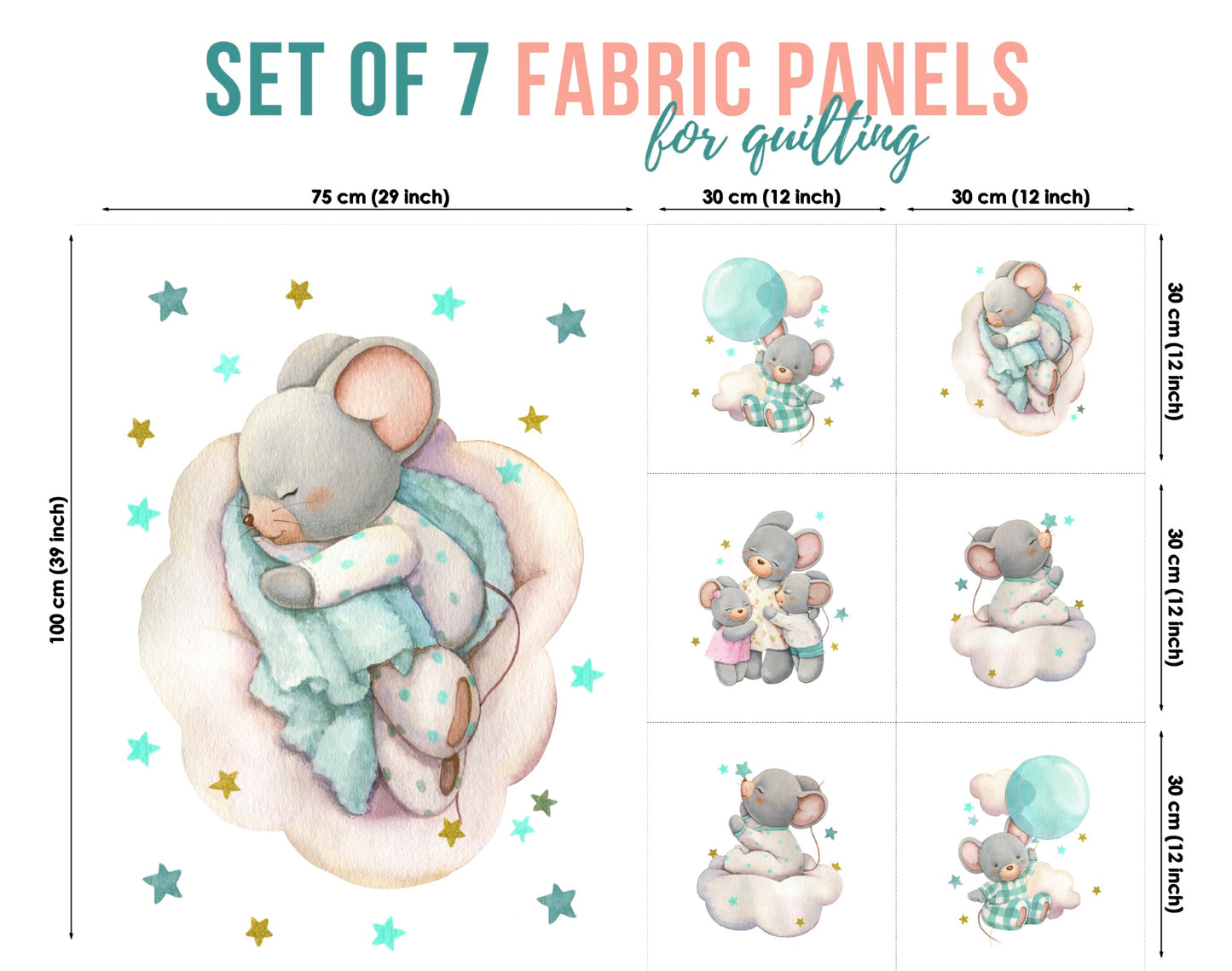 Set of 7 fabric panels featuring cute mouse designs, in various sizes, intended for quilting and crafts.