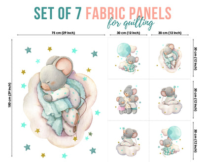 Set of 7 fabric panels featuring cute mouse designs, in various sizes, intended for quilting and crafts.