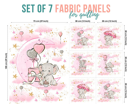 A set of 7 fabric panels featuring pink sateen with elephant and balloon designs, and various sizes indicated for quilting or crafting.