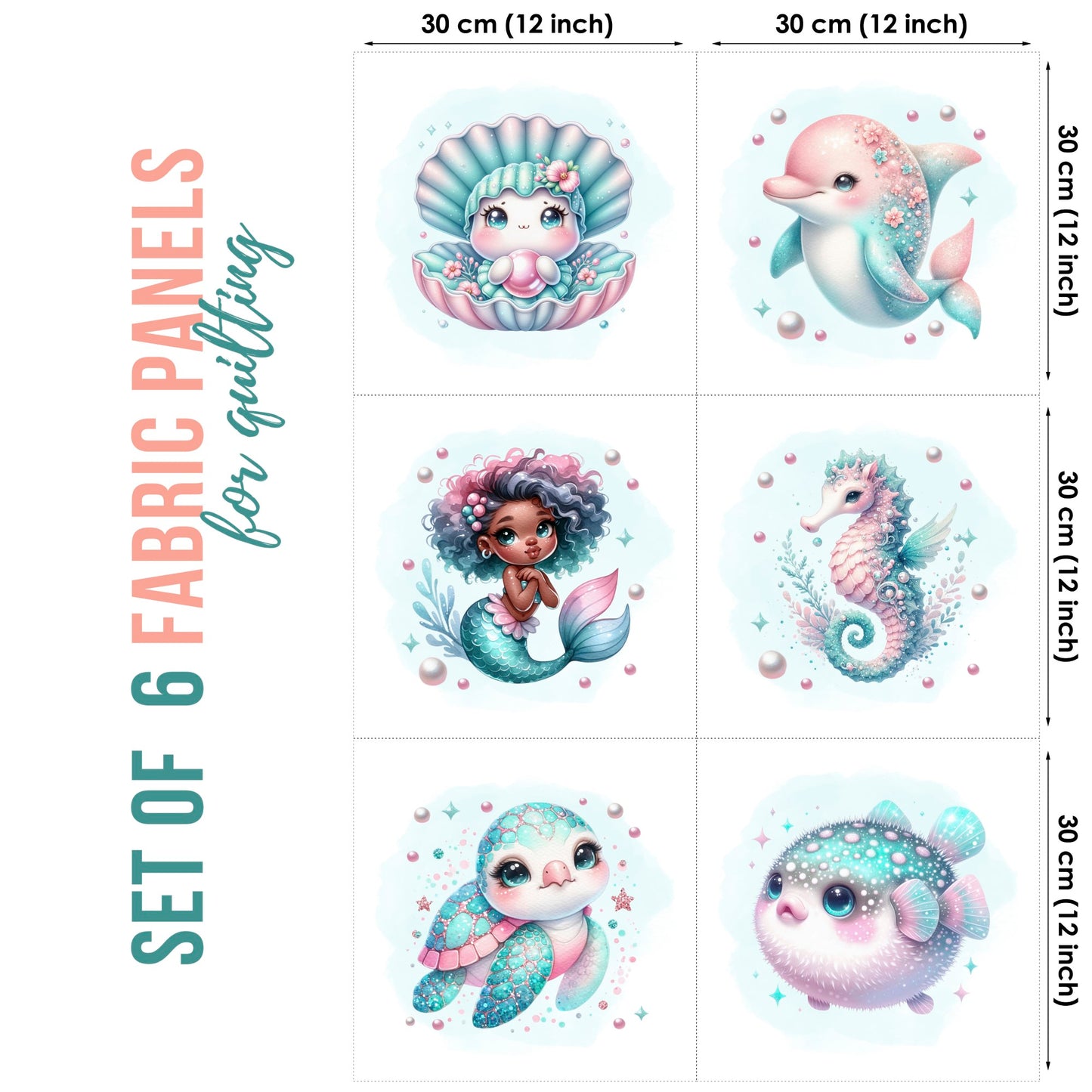 Set of 6 fabric panels with cartoon characters and measurements on a white background