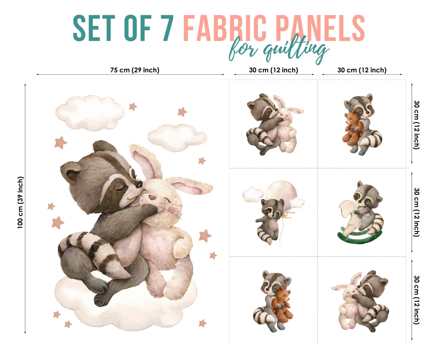 Cute Raccoon&Toy Fabric Panels for Quilting