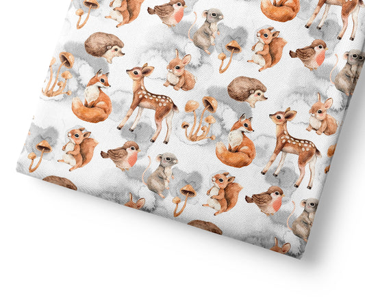 Woodland animal pattern on a white background