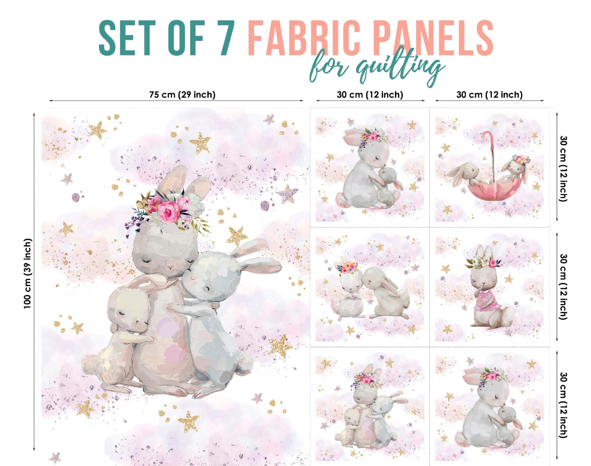 A set of 7 fabric panels featuring various bunny designs, intended for quilting and crafting purposes.