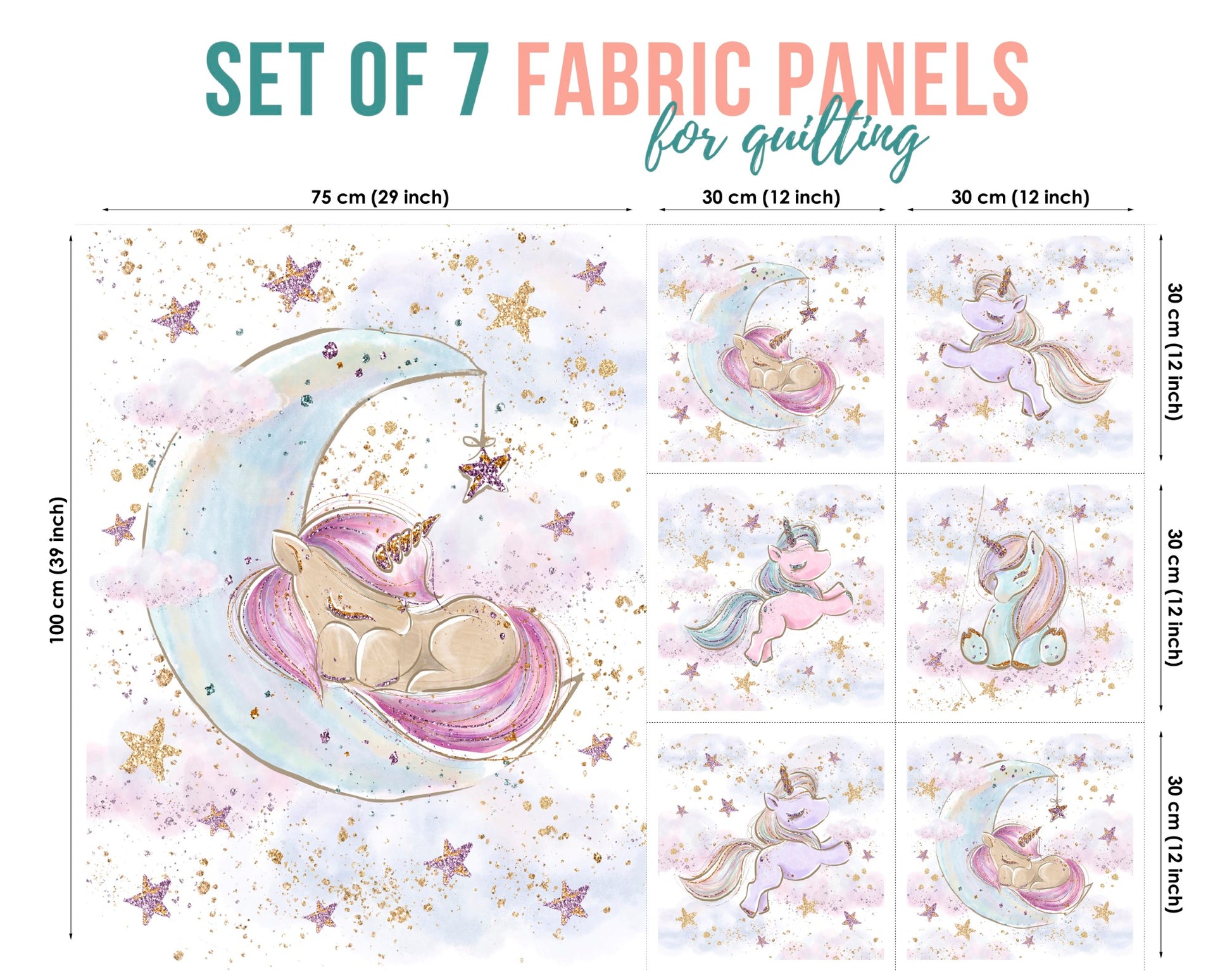 Set of 7 fabric panels featuring various sizes with unicorn and moon patterns, intended for sewing quilts or crafts.