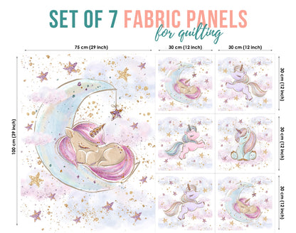 Set of 7 fabric panels featuring various sizes with unicorn and moon patterns, intended for sewing quilts or crafts.