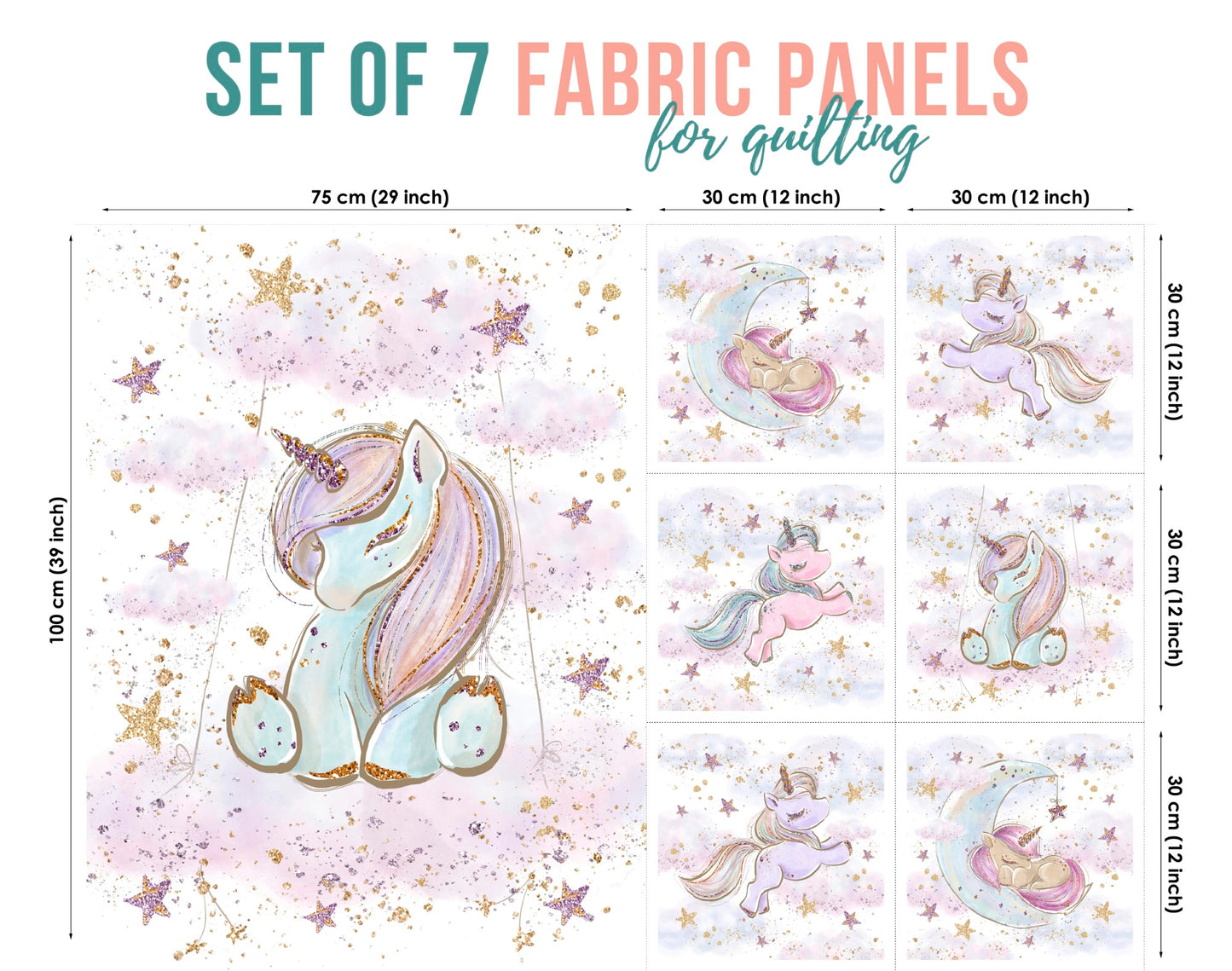 A set of 7 fabric panels featuring a unicorn and star design in various sizes, intended for sewing quilts or crafts.