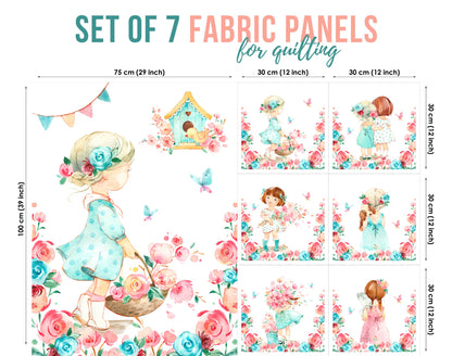 Set of 7 fabric panels featuring a printed design with a blond girl and floral elements on a white background, bordered with a pink fabric.