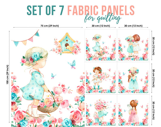 Set of 7 fabric panels featuring a printed design with a blond girl and floral elements on a white background, bordered with a pink fabric.