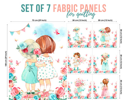 Set of 7 fabric panels featuring a printed design with a two hugging girls and floral elements on a white background