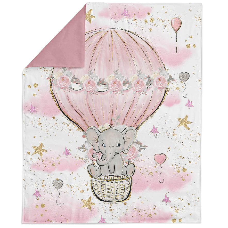 Fabric panel with a printed design featuring a baby elephant, balloons, and stars on a pink background.