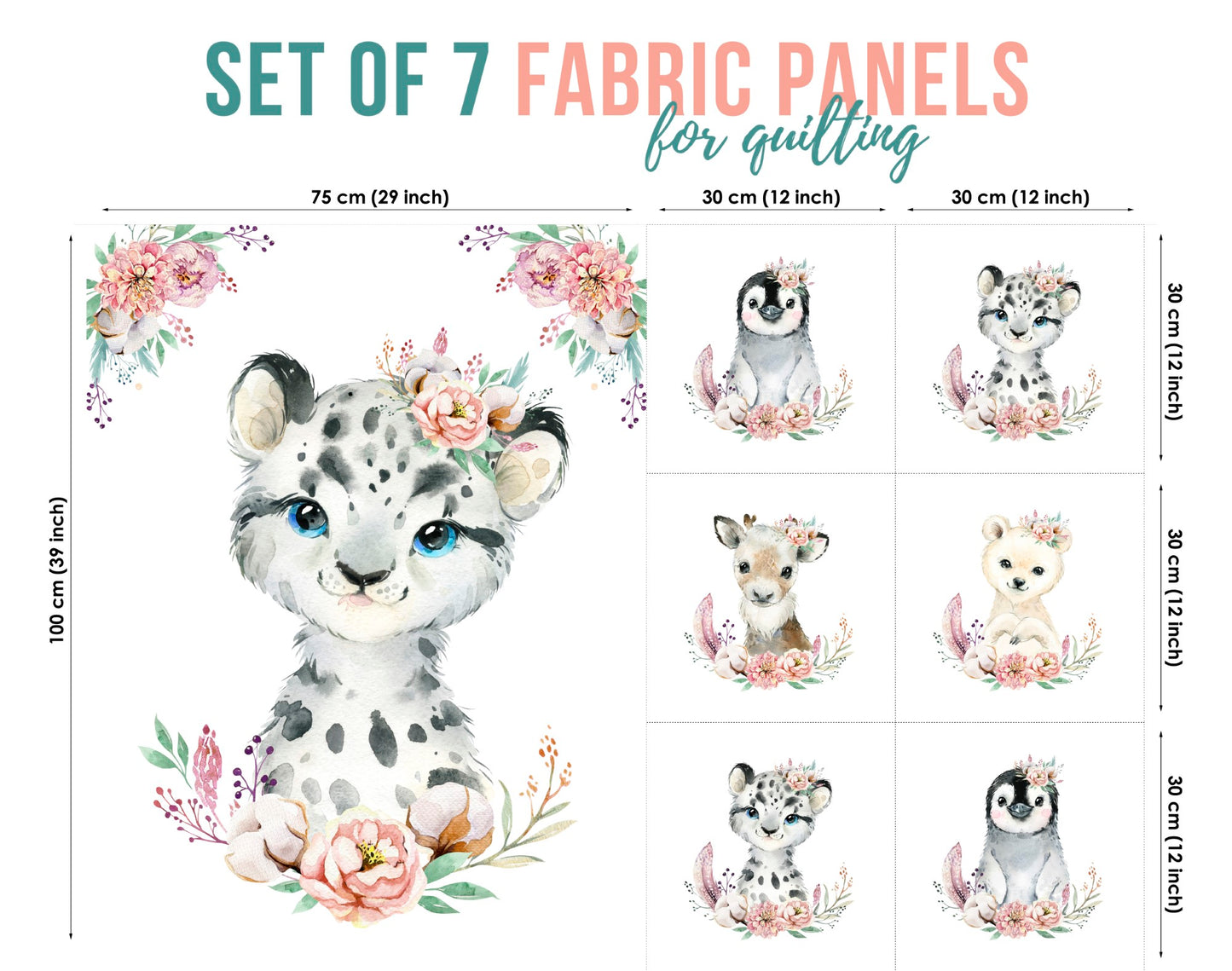 Set of 7 fabric panels featuring various animals and floral designs, intended for quilting and crafts.