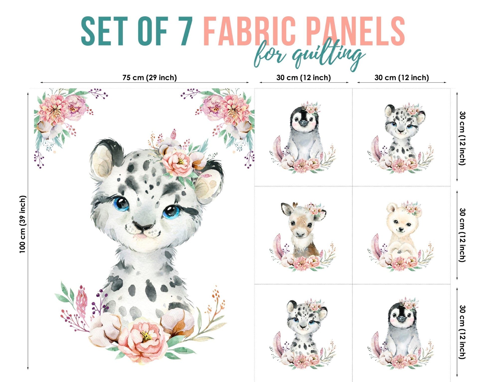 Set of 7 fabric panels featuring various animals and floral designs, intended for quilting and crafts.