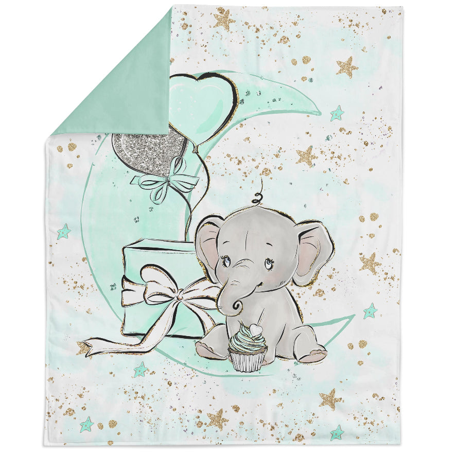 Fabric panel with a printed design featuring a baby elephant, stars, and a hot air balloon, in mint  tones.