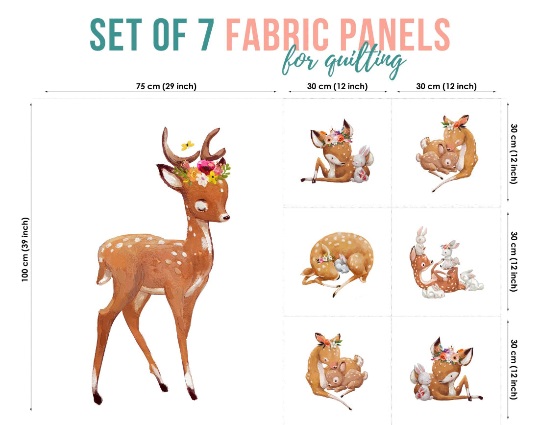 Set of 7 fabric panels featuring various illustrations of deer, with a description of the size and fabric type.