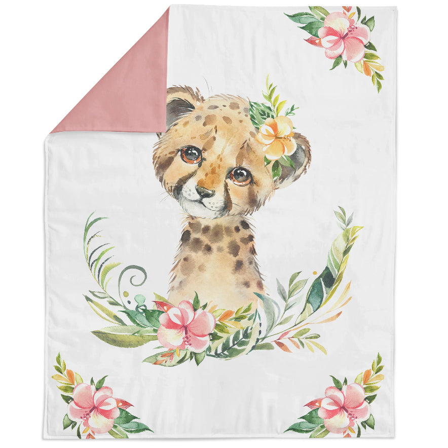 A fabric panel featuring a printed cheetah and floral design with a pink border at the top.