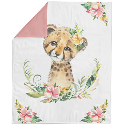 A fabric panel featuring a printed cheetah and floral design with a pink border at the top.