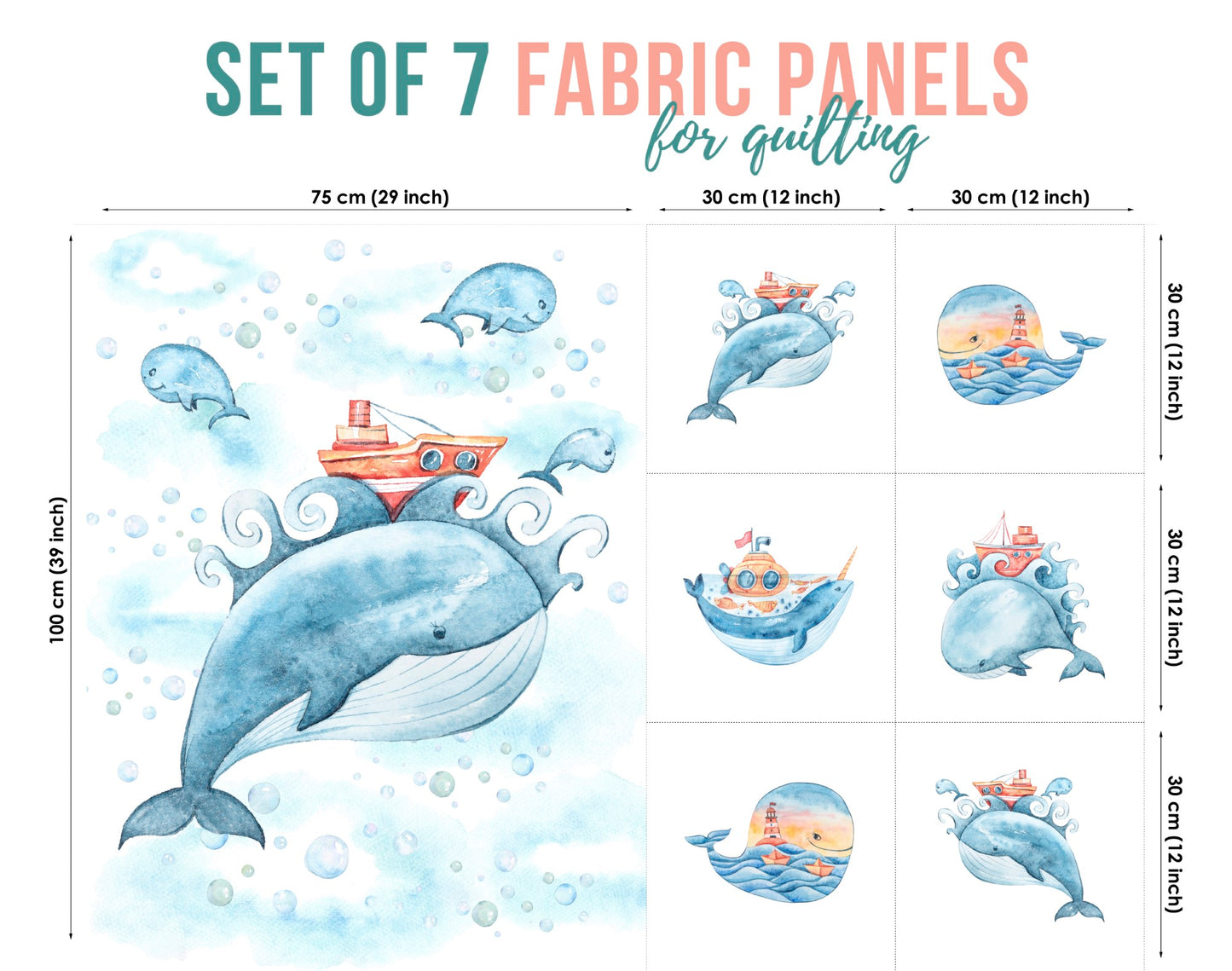 A set of 7 fabric panels featuring whale designs with a maritime theme, in shades of blue and other colors, intended for quilting and crafts.
