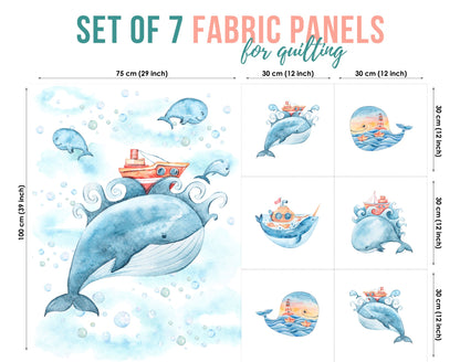 A set of 7 fabric panels featuring whale designs with a maritime theme, in shades of blue and other colors, intended for quilting and crafts.