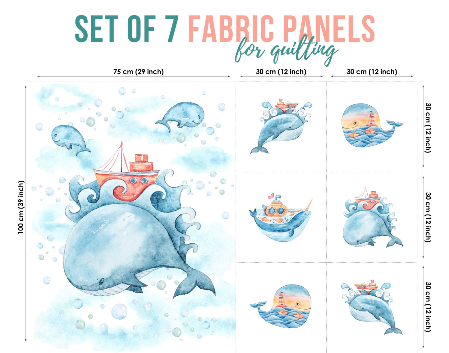 Cute Sea Whale Baby Fabric Panels for Quilting