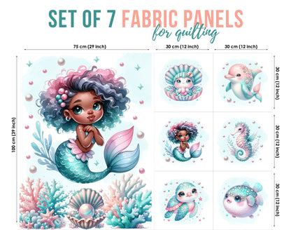 Set of 7 fabric panels for quilting featuring mermaid and sea-themed designs.