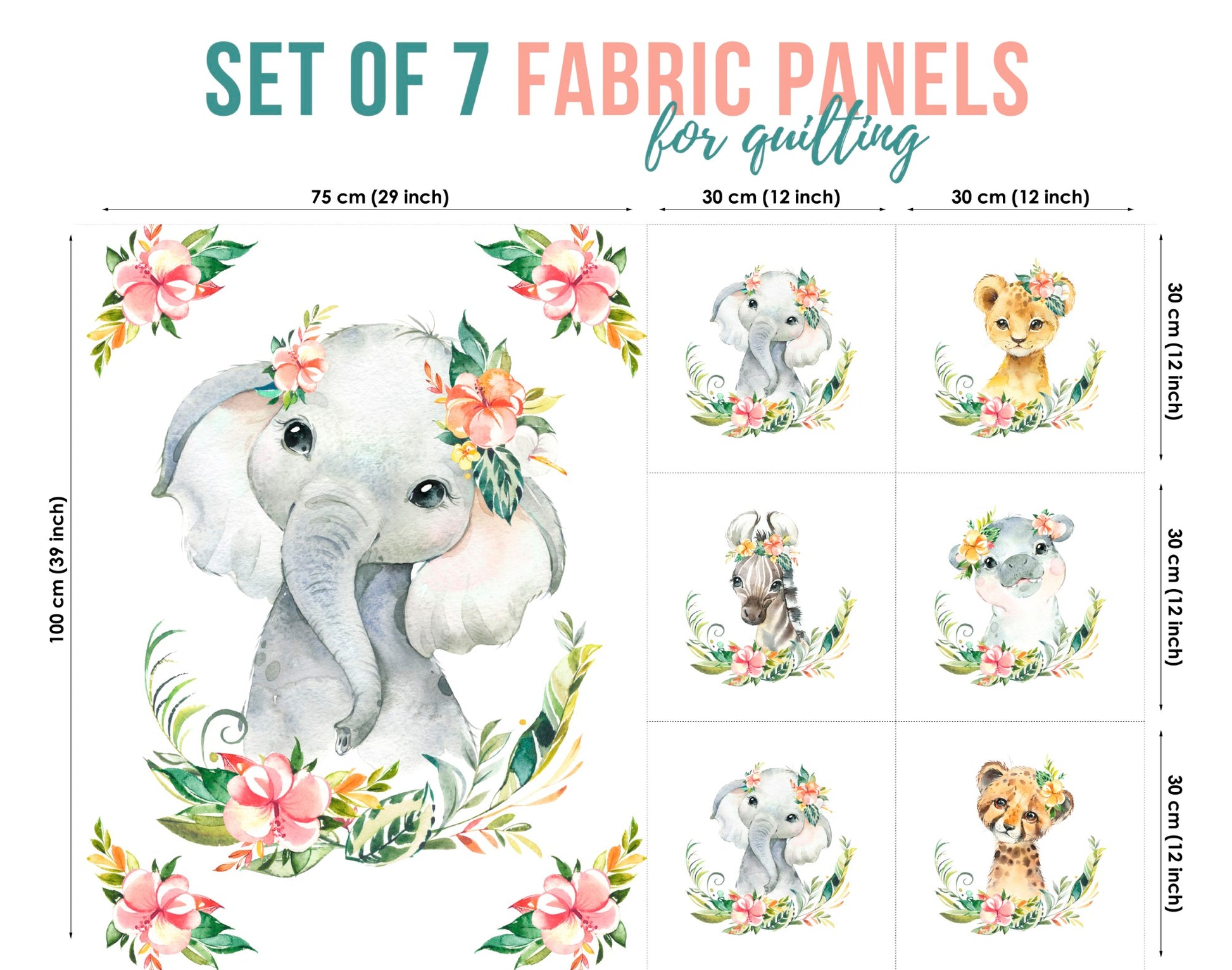 A set of 7 fabric panels with a jungle safari theme, featuring illustrations of an elephant, giraffe, lion, monkey, and other animals amidst floral patterns.