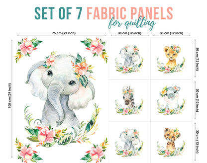 A set of 7 fabric panels with a jungle safari theme, featuring illustrations of an elephant, giraffe, lion, monkey, and other animals amidst floral patterns.