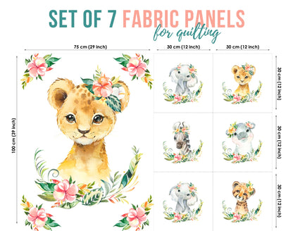 A set of 7 fabric panels with a jungle safari theme, featuring colorful illustrations of animals like a lion, giraffe, and zebra surrounded by floral patterns.