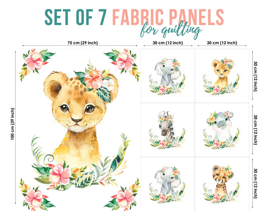 A set of 7 fabric panels with a jungle safari theme, featuring colorful illustrations of animals like a lion, giraffe, and zebra surrounded by floral patterns.