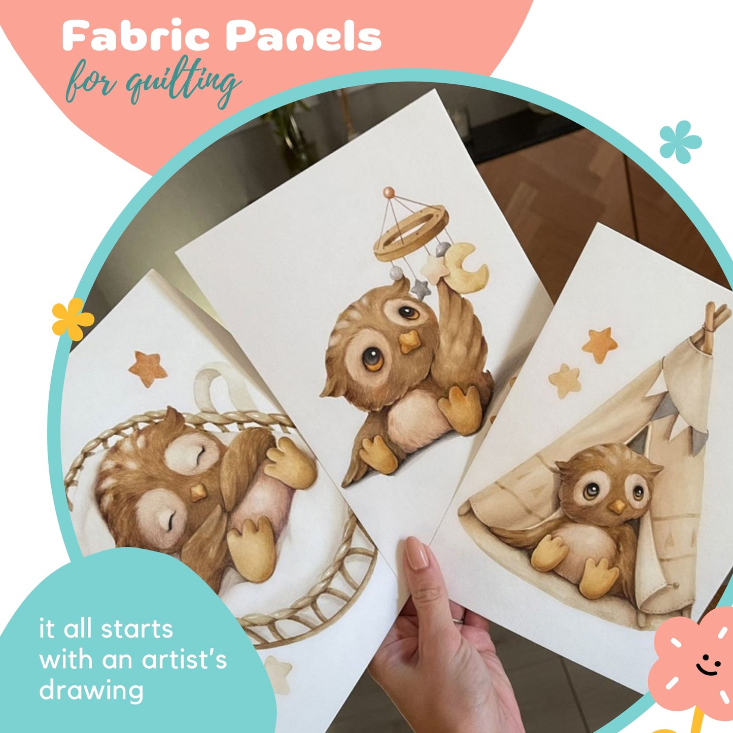 Exclusive Baby Owl Fabric Panels for Quilting