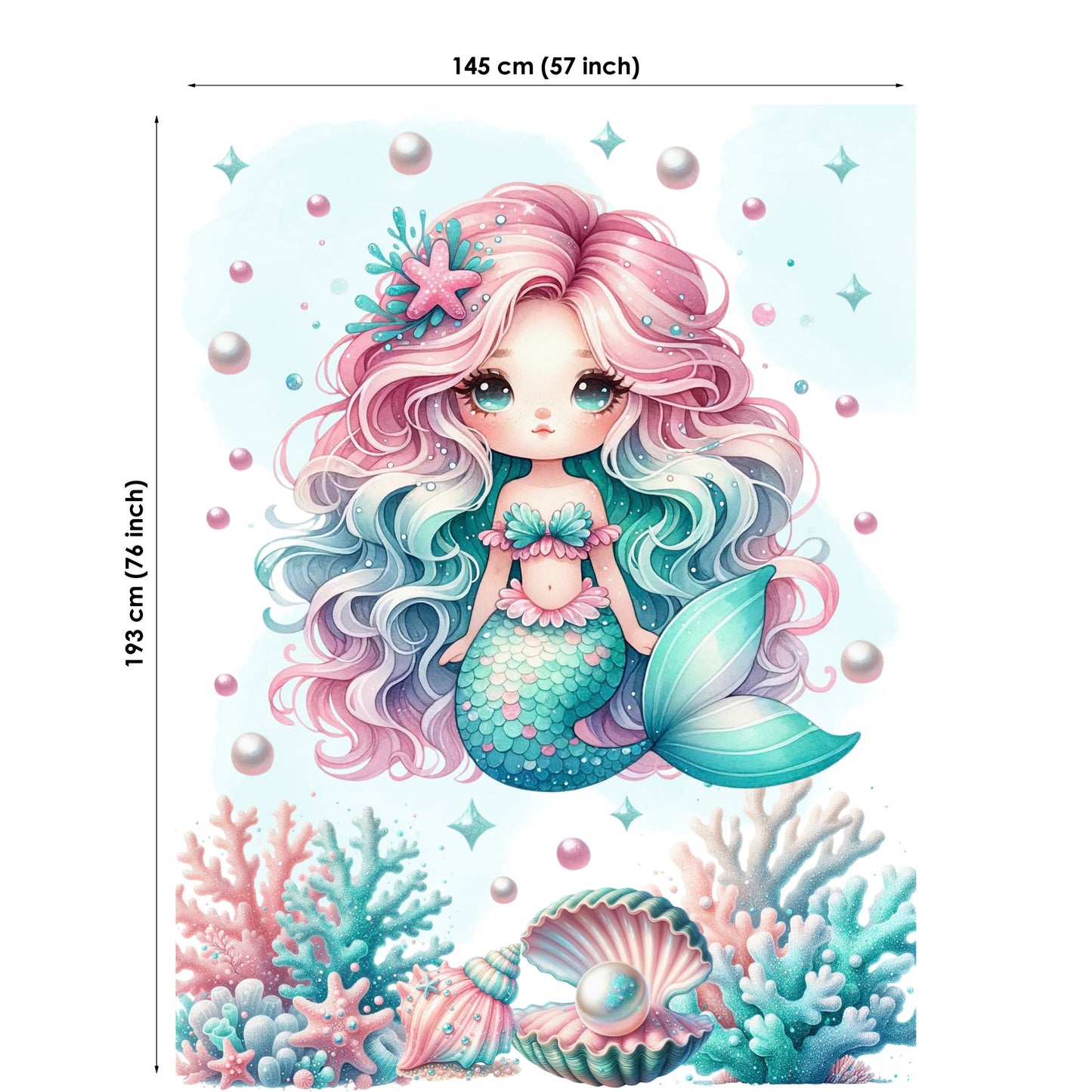 Fabric panel of a mermaid with pink and blue hair surrounded by corals and shells, with dimensions indicated.