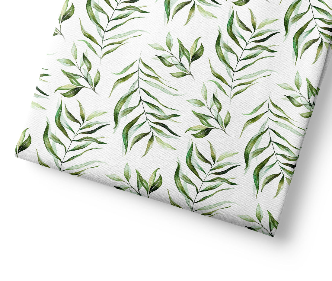 Green safari jungle leaf pattern on white fabric