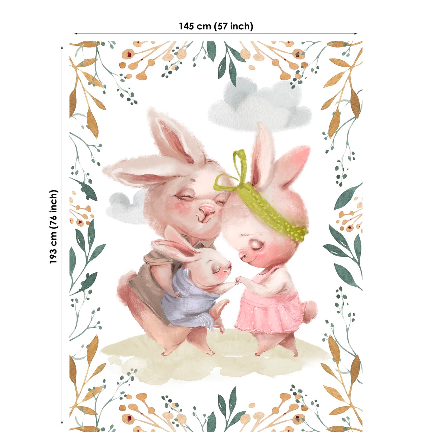 Illustration of three rabbits in a decorative setting with flowers and leaves.